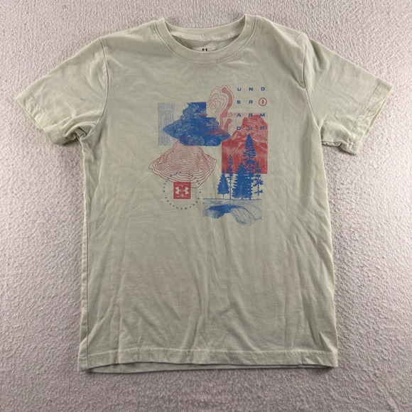 Under Armour Youth Graphic T Shirt Beige Red Blue World Performance Tee Outdoors - Picture 1 of 8